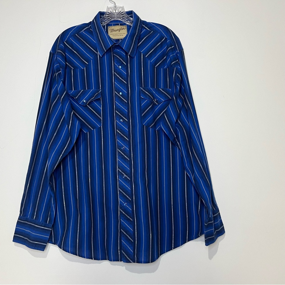Wrangler Shirt Men's Vintage Western Snap Front Cuff Metallic Thread Blue Shirt